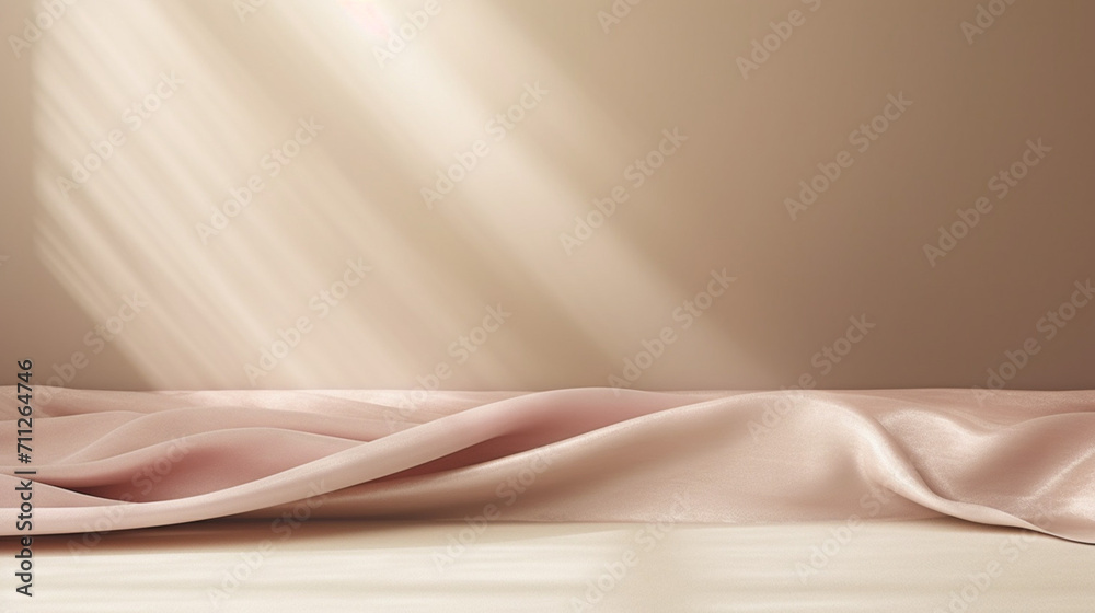 Poster empty curtains stage light on beige background. mock up product display podium with generative ai.
