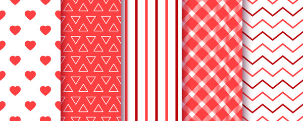 Valentine seamless pattern. Love backgrounds. Prints with hearts, stripes, zigzag, trees and checkered. Set red romantic textures. Retro wrapping paper. Vector illustration. Backdrops for scrapbooking
