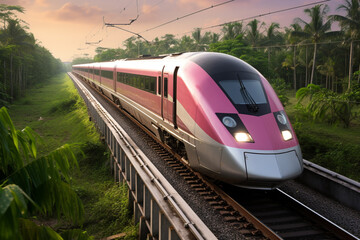 Naklejka premium Speeding through the city on the railway, a fast-moving train creates a motion blur as it passes by the platform, showcasing the dynamic energy of urban transportation