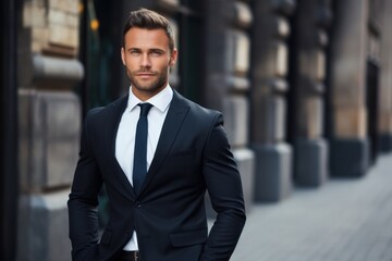 A businessman looking confident with a background that conveys simplicity