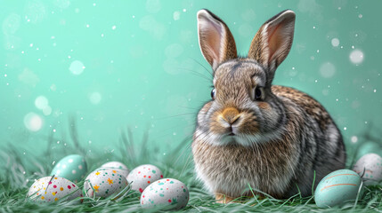 Fototapeta na wymiar Serene Easter Bunny with Decorative Eggs in Spring Green Meadow