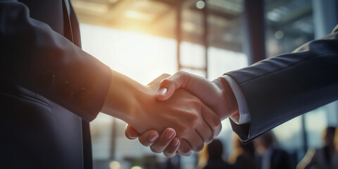 Close up man and woman shaking hands in the office. Handshake in the workplace. Success, teamwork concept.