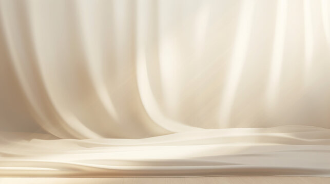 Empty curtains stage light on beige background. Mock up Product display podium with Generative Ai.