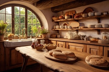 A well-lit kitchen featuring a large window and a table adorned with freshly-baked bread, Cozy country kitchen with fresh bread cooling on a wooden countertop, AI Generated