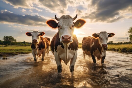 A group of cows making their way across a river in a calm and orderly manner, cows in ranch or farm, AI Generated