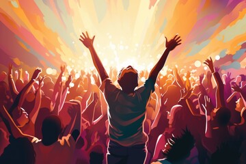 A man confidently addresses a large crowd, capturing their attention, with his powerful words and commanding presence, crowd of people dancing at concert, AI Generated - obrazy, fototapety, plakaty