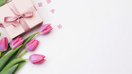 Elegant Pink Tulip Flowers in a Beautiful Gift Box, Perfect for Celebrations and Special Occasions on a White Background – Surprise Loved Ones with Nature’s Charm and Romantic Vibes