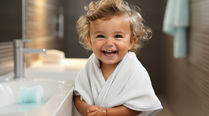 A small child in a towel in the bathroom - obrazy, fototapety, plakaty