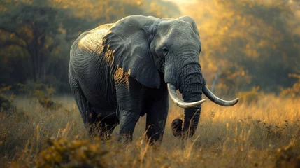 Foto op Aluminium A wise and ancient elephant, tusks gleaming in the soft sunlight, standing as a symbol of strength and wisdom in the wild. © IBRAHEEM'S AI