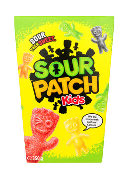 Sour patch kids fruit flavoured gums with a sour sugar coating in a 350g box