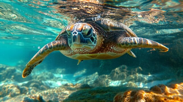 A wise and weathered sea turtle gliding through crystal-clear waters, ancient eyes observing the wonders of the ocean. 