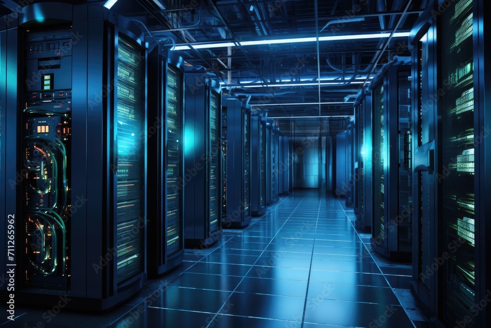 Poster a photograph showcasing multiple rows of servers in a data center, highlighting the efficiency and r