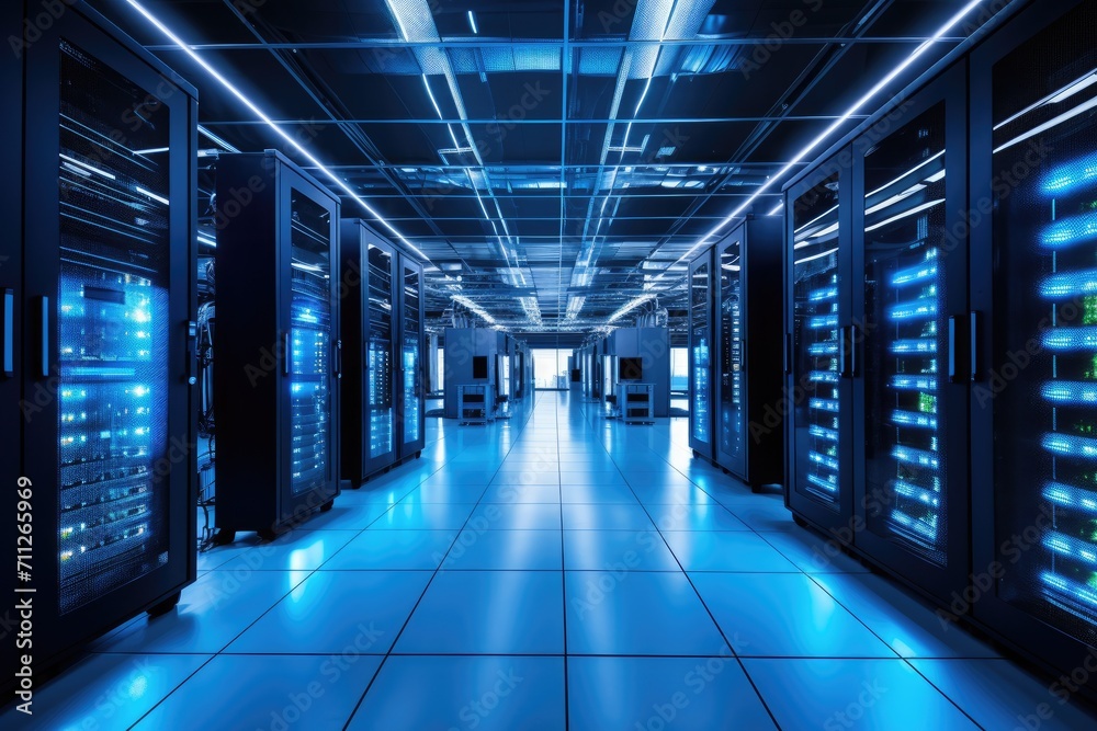 Poster a visual of multiple rows of servers illuminated by blue lights in a data center, data center server