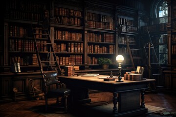 A dimly-lit room filled with an abundance of books and a desk, Dark Academia, Vintage study room with classic books, AI Generated - obrazy, fototapety, plakaty