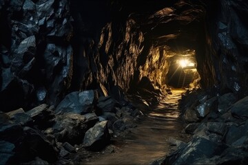 A tunnel illuminated by a distant light, symbolizing the journey towards hope, escape, and new beginnings, Dark mine tunnel, cave with rocks and wood, old underground passage, AI Generated