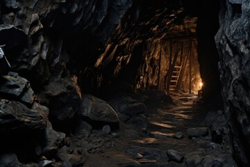 A dark tunnel illuminated by a solitary ladder leading deeper into the unknown, Dark mine tunnel, cave with rocks and wood, old underground passage, AI Generated