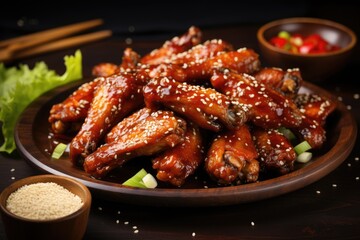 A plate full of savory chicken wings, coated with a generous sprinkling of sesame seeds, Delicious crispy BBQ chicken wings with sesame, AI Generated