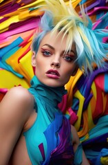 Obraz premium A vibrant woman with colorful hair stands out in a chaotic mix of bold colors and patterns. Generative AI.