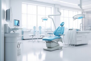 A dentists office featuring blue and white chairs for patients, Dentist office white interior with medical equipment, AI Generated