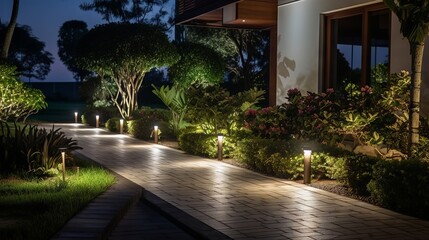 Landscape garden with ambient lighting and illuminated pathway in front of modern house