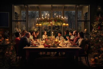 Fototapeta na wymiar A diverse group of individuals sitting together at a dinner table, engaging in conversation and enjoying a meal, Festive meal, Friends and family gathered around a dining table, AI Generated