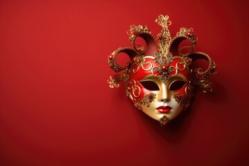 Red and Gold Mask on Red Wall, Vibrant Decorative Artwork for Home Interiors, Festive Venetian carnival mask with gold decorations on red background, AI Generated