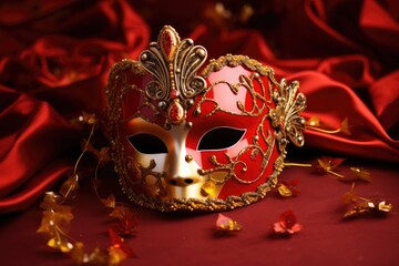 A vibrant red and gold mask resting on a rich red cloth background, Festive Venetian carnival mask with gold decorations on red background, AI Generated