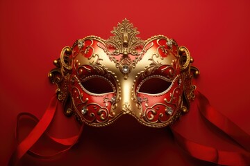 A captivating red and gold mask against a striking red background, Festive Venetian carnival mask with gold decorations on red background, AI Generated