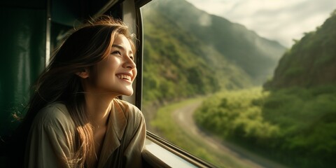 A happy smiling woman looks out of the train window
