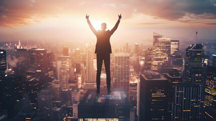 businessman on top of skyscraper celebrating success with hands in the air