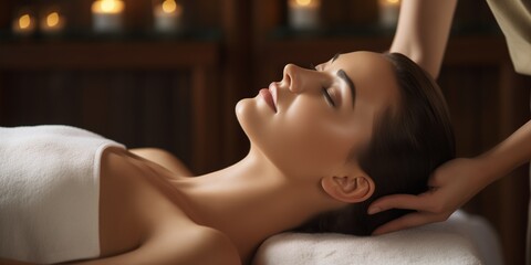 Calm woman having spa facial massage - obrazy, fototapety, plakaty