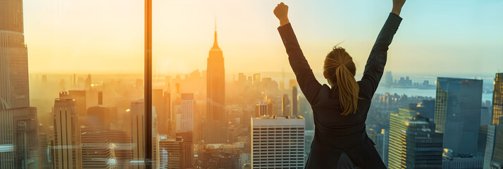 businesswoman on top of skyscraper celebrating success with hands in the air - obrazy, fototapety, plakaty