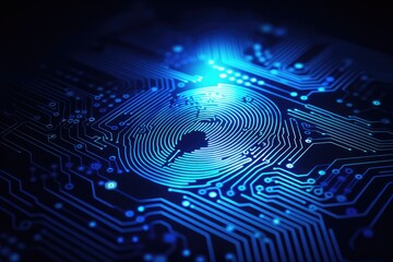 Close Up of Circuit Board With Blue Light, Technology, Electronics, Computer, Hardware, Fingerprint scan providing security access with biometric identification, AI Generated