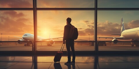 male tourist is standing in airport