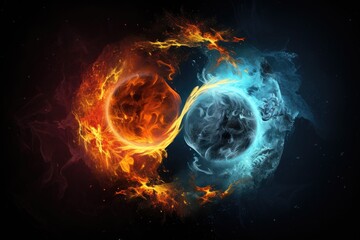 A captivating and contrasting swirl of fire and ice against a dark background, creating a mesmerizing visual spectacle, Fire and Ice climate in the Yin and Yang on dark background, AI Generated