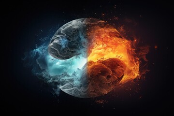 Fiery Skull With Icy Features, A Striking Combination of Fire and Ice, Fire and Ice climate in the Yin and Yang on dark background, AI Generated