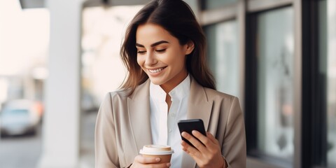 Entrepreneur pretty woman holding coffee cup and smartphone