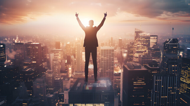 businessman on top of skyscraper celebrating success with hands in the air