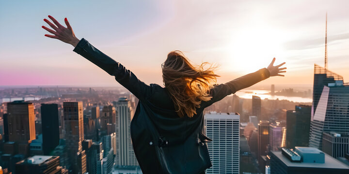businesswoman on top of skyscraper celebrating success with hands in the air