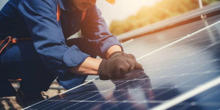 Close-up of solar cell installing solar cell farm power