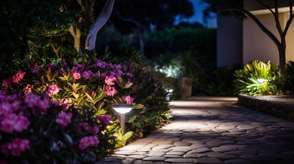 Fototapeta na wymiar Landscape garden with ambient lighting and illuminated pathway in front of modern house