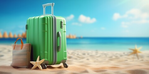 green suitcase with beach accessories