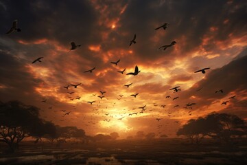 Obraz premium Witness a mesmerizing scene as a large group of birds gracefully soar through the air against a backdrop of cloudy skies, flock of African birds flying against dramatic sky, AI Generated