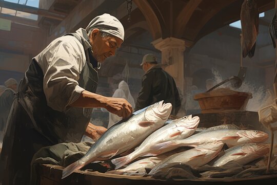A man stands over a pile of fish, showcasing his successful fishing haul, fishmonger picking fish in fish market, AI Generated