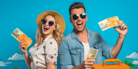 Obraz premium Young man and a woman came to a travel agency