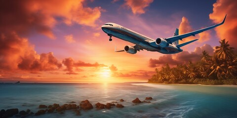 airplane flying above tropical sea at sunset