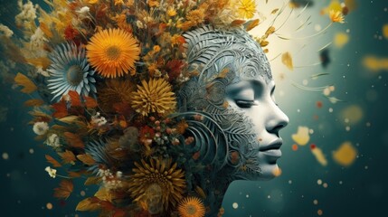 Fusion of human features and organic elements like flowers and leaves, captured in a stylized depiction of the formation of facial features.