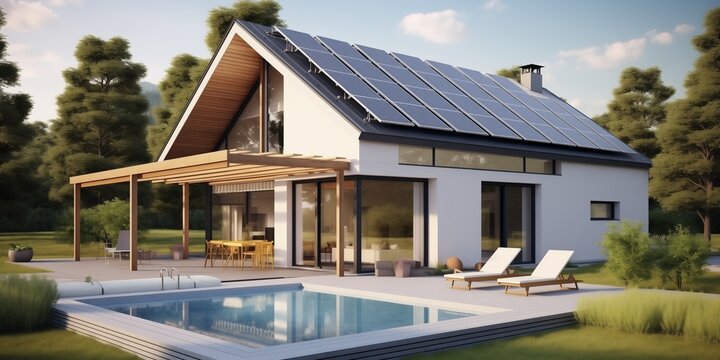 Modern house with solar panels on the roof