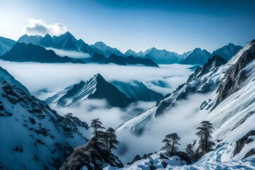  Surreal Himalaya Mountains immersed in swirling mist, with mystical shapes and contours of the peaks emerging through the haze, the environment transformed into an otherworldly dreamscape