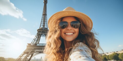 A woman tourist selfie in Paris - obrazy, fototapety, plakaty